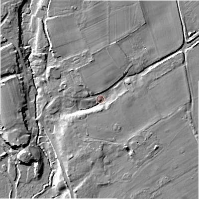 Shaded relief map of the ground around BH237AZ, computed from Environment Agency LiDAR. The ground here sits at about 9 m above sea level and falls 9 m across the surrounding 800 m. Surface water reaching this point runs off ground lying to the north-north-east, 4.2 m higher.
