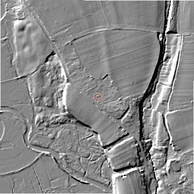 Shaded relief map of the ground around BH237BE, computed from Environment Agency LiDAR. The ground here sits at about 11 m above sea level and falls 7 m across the surrounding 800 m. Surface water reaching this point runs off ground lying to the west, 0.5 m higher.