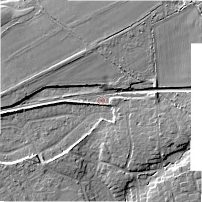 Shaded relief map of the ground around BH237DL, computed from Environment Agency LiDAR. The ground here sits at about 21 m above sea level and falls 12 m across the surrounding 800 m. Surface water reaching this point runs off ground lying to the north-east, 8.9 m higher.