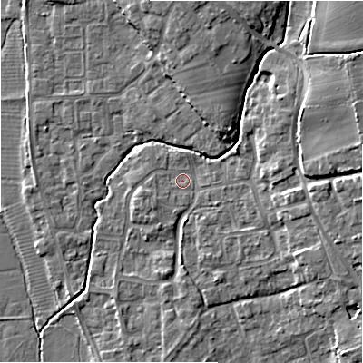 Shaded relief map of the ground around BH237EY, computed from Environment Agency LiDAR. The ground here sits at about 5 m above sea level and falls 10 m across the surrounding 800 m. Surface water reaching this point runs off ground lying to the south-south-east, 1.6 m higher.