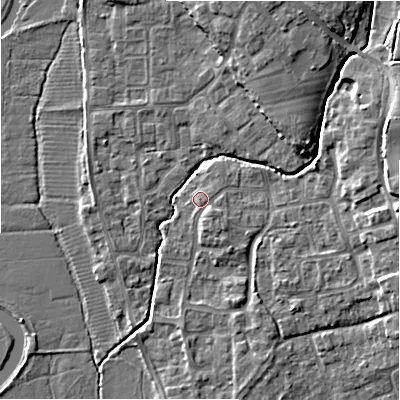 Shaded relief map of the ground around BH237HB, computed from Environment Agency LiDAR. The ground here sits at about 5 m above sea level and falls 9 m across the surrounding 800 m. Surface water reaching this point runs off ground lying to the south-east, 1.3 m higher.