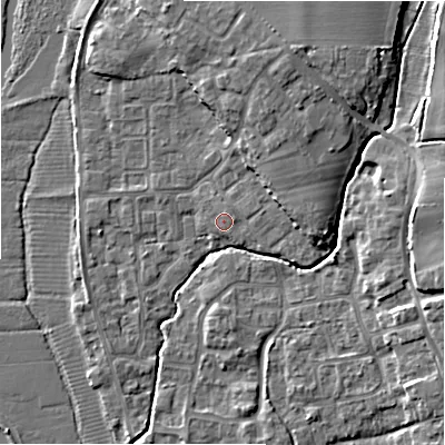 Shaded relief map of the ground around BH237HH, computed from Environment Agency LiDAR. The ground here sits at about 6 m above sea level and falls 9 m across the surrounding 800 m. Surface water reaching this point runs off ground lying to the east-north-east, 3.8 m higher.
