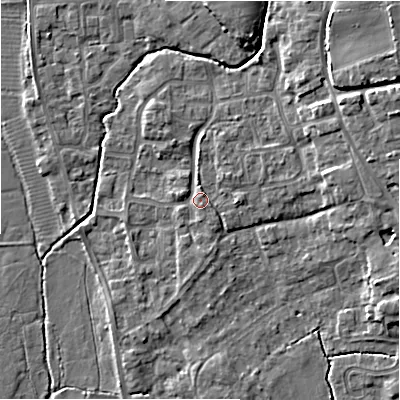 Shaded relief map of the ground around BH237HQ, computed from Environment Agency LiDAR. The ground here sits at about 6 m above sea level and falls 10 m across the surrounding 800 m. Surface water reaching this point runs off ground lying to the east, 1.5 m higher.