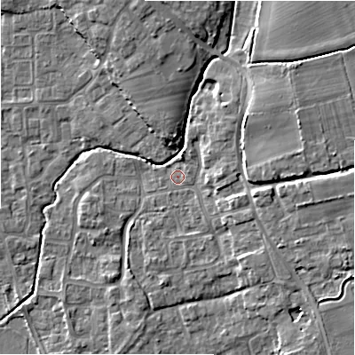 Shaded relief map of the ground around BH237HR, computed from Environment Agency LiDAR. The ground here sits at about 5 m above sea level and falls 9 m across the surrounding 800 m. Surface water reaching this point runs off ground lying to the east-north-east, 6.6 m higher.