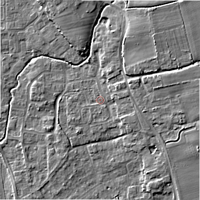 Shaded relief map of the ground around BH237HU, computed from Environment Agency LiDAR. The ground here sits at about 6 m above sea level and falls 9 m across the surrounding 800 m. Surface water reaching this point runs off ground lying to the east-south-east, 3.4 m higher.