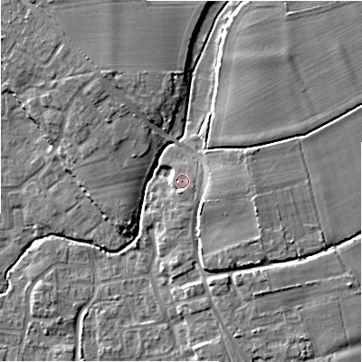 Shaded relief map of the ground around BH237JS, computed from Environment Agency LiDAR. The ground here sits at about 8 m above sea level and falls 8 m across the surrounding 800 m. Surface water reaching this point runs off ground lying to the south, 1.8 m higher.