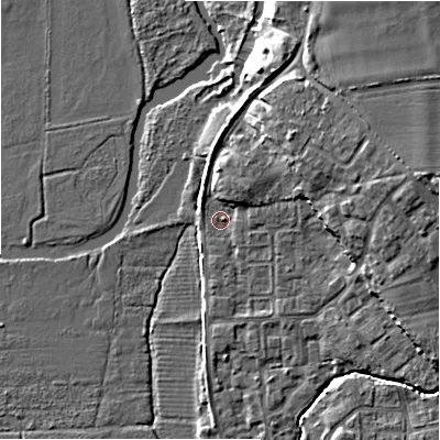 Shaded relief map of the ground around BH237LB, computed from Environment Agency LiDAR. The ground here sits at about 5 m above sea level and falls 9 m across the surrounding 800 m. Surface water reaching this point runs off ground lying to the east-north-east, 6.3 m higher.