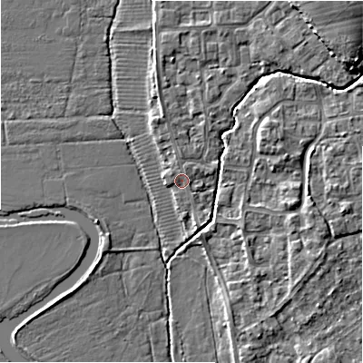 Shaded relief map of the ground around BH237LD, computed from Environment Agency LiDAR. The ground here sits at about 4 m above sea level and falls 8 m across the surrounding 800 m. Surface water reaching this point runs off ground lying to the north-north-east, 1.0 m higher.