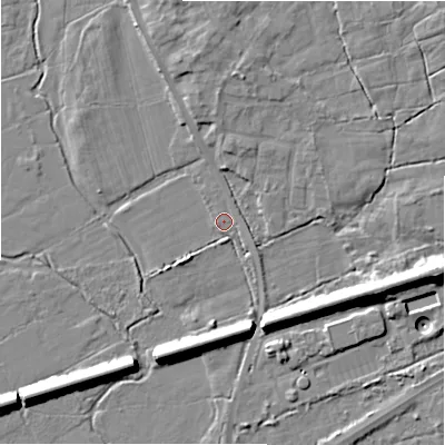 Shaded relief map of the ground around BH237LF, computed from Environment Agency LiDAR. The ground here sits at about 2 m above sea level and falls 13 m across the surrounding 800 m. Surface water reaching this point runs off ground lying to the south-west, 2.5 m higher.