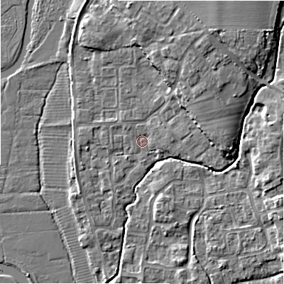 Shaded relief map of the ground around BH237LH, computed from Environment Agency LiDAR. The ground here sits at about 5 m above sea level and falls 9 m across the surrounding 800 m. Surface water reaching this point runs off ground lying to the north-east, 5.5 m higher.