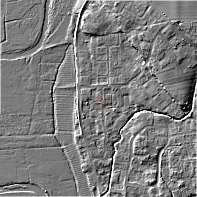 Shaded relief map of the ground around BH237LJ, computed from Environment Agency LiDAR. The ground here sits at about 5 m above sea level and falls 9 m across the surrounding 800 m. Surface water reaching this point runs off ground lying to the north-north-east, 0.7 m higher.