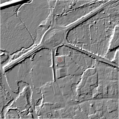 Shaded relief map of the ground around BH237LQ, computed from Environment Agency LiDAR. The ground here sits at about 2 m above sea level and falls 8 m across the surrounding 800 m. Surface water reaching this point runs off ground lying to the east, 4.4 m higher.