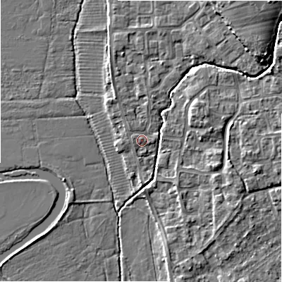 Shaded relief map of the ground around BH237LZ, computed from Environment Agency LiDAR. The ground here sits at about 4 m above sea level and falls 8 m across the surrounding 800 m. Surface water reaching this point runs off ground lying to the north-west, 0.8 m higher.