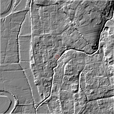 Shaded relief map of the ground around BH237NA, computed from Environment Agency LiDAR. The ground here sits at about 4 m above sea level and falls 9 m across the surrounding 800 m. Surface water reaching this point runs off ground lying to the north-east, 7.3 m higher.