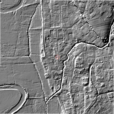 Shaded relief map of the ground around BH237NB, computed from Environment Agency LiDAR. The ground here sits at about 4 m above sea level and falls 9 m across the surrounding 800 m. Surface water reaching this point runs off ground lying to the north, 1.4 m higher.