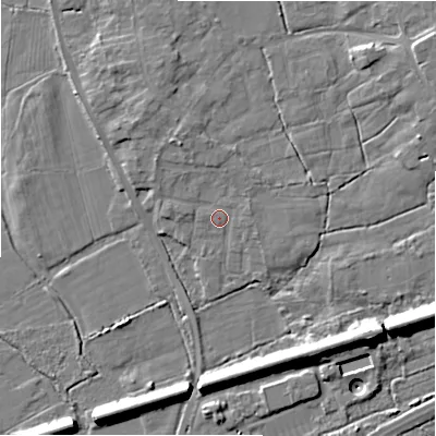 Shaded relief map of the ground around BH237NH, computed from Environment Agency LiDAR. The ground here sits at about 4 m above sea level and falls 13 m across the surrounding 800 m. Surface water reaching this point runs off ground lying to the north-north-west, 2.9 m higher.
