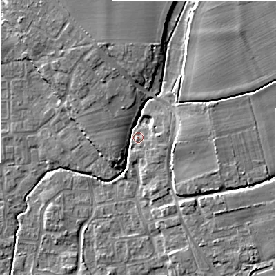 Shaded relief map of the ground around BH237PE, computed from Environment Agency LiDAR. The ground here sits at about 7 m above sea level and falls 9 m across the surrounding 800 m. Surface water reaching this point runs off ground lying to the north-north-west, 5.5 m higher.
