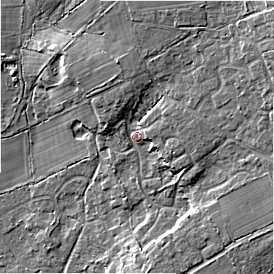 Shaded relief map of the ground around BH238AW, computed from Environment Agency LiDAR. The ground here sits at about 21 m above sea level and falls 18 m across the surrounding 800 m. Surface water reaching this point runs off ground lying to the north-east, 11.5 m higher.