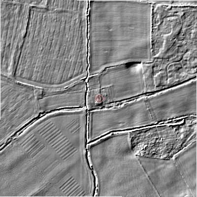 Shaded relief map of the ground around BH238AX, computed from Environment Agency LiDAR. The ground here sits at about 13 m above sea level and falls 5 m across the surrounding 800 m. Surface water reaching this point runs off ground lying to the north-west, 0.6 m higher.