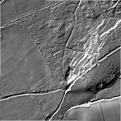 Shaded relief map of the ground around BH238BD, computed from Environment Agency LiDAR. The ground here sits at about 14 m above sea level and falls 12 m across the surrounding 800 m. Surface water reaching this point runs off ground lying to the east-south-east, 11.6 m higher.