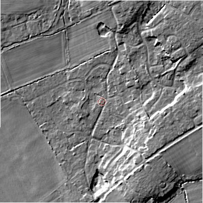 Shaded relief map of the ground around BH238BE, computed from Environment Agency LiDAR. The ground here sits at about 16 m above sea level and falls 13 m across the surrounding 800 m. Surface water reaching this point runs off ground lying to the east-north-east, 8.9 m higher.
