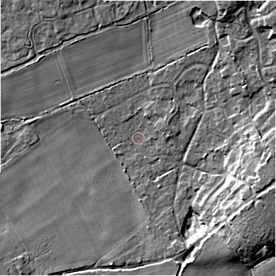 Shaded relief map of the ground around BH238BH, computed from Environment Agency LiDAR. The ground here sits at about 13 m above sea level and falls 12 m across the surrounding 800 m. Surface water reaching this point runs off ground lying to the east-south-east, 11.6 m higher.