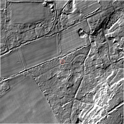 Shaded relief map of the ground around BH238BJ, computed from Environment Agency LiDAR. The ground here sits at about 15 m above sea level and falls 13 m across the surrounding 800 m. Surface water reaching this point runs off ground lying to the east-north-east, 3.4 m higher.