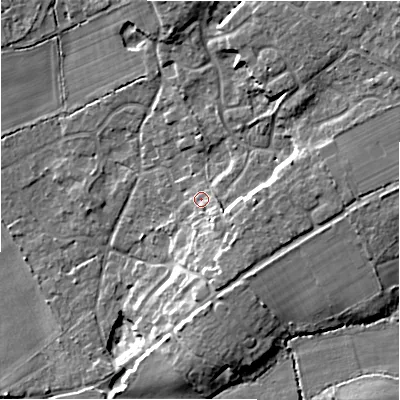 Shaded relief map of the ground around BH238BN, computed from Environment Agency LiDAR. The ground here sits at about 18 m above sea level and falls 15 m across the surrounding 800 m. Surface water reaching this point runs off ground lying to the east-south-east, 5.1 m higher.