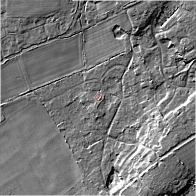 Shaded relief map of the ground around BH238BS, computed from Environment Agency LiDAR. The ground here sits at about 15 m above sea level and falls 12 m across the surrounding 800 m. Surface water reaching this point runs off ground lying to the south-east, 0.9 m higher.