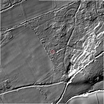 Shaded relief map of the ground around BH238EN, computed from Environment Agency LiDAR. The ground here sits at about 14 m above sea level and falls 12 m across the surrounding 800 m. Surface water reaching this point runs off ground lying to the south-south-east, 2.4 m higher.