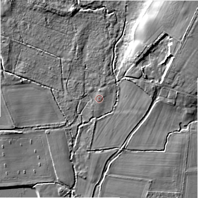 Shaded relief map of the ground around BH238ER, computed from Environment Agency LiDAR. The ground here sits at about 14 m above sea level and falls 15 m across the surrounding 800 m. Surface water reaching this point runs off ground lying to the north-north-east, 0.8 m higher.