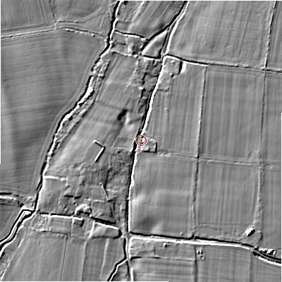 Shaded relief map of the ground around BH238ES, computed from Environment Agency LiDAR. The ground here sits at about 12 m above sea level and falls 6 m across the surrounding 800 m. Surface water reaching this point runs off ground lying to the east, 2.7 m higher.