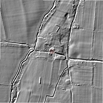 Shaded relief map of the ground around BH238EU, computed from Environment Agency LiDAR. The ground here sits at about 12 m above sea level and falls 5 m across the surrounding 800 m. Surface water reaching this point runs off ground lying to the north-east, 2.6 m higher.