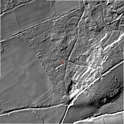 Shaded relief map of the ground around BH238HJ, computed from Environment Agency LiDAR. The ground here sits at about 14 m above sea level and falls 12 m across the surrounding 800 m. Surface water reaching this point runs off ground lying to the east-north-east, 12.2 m higher.