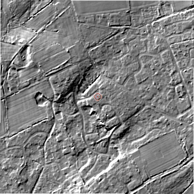 Shaded relief map of the ground around BH238NB, computed from Environment Agency LiDAR. The ground here sits at about 23 m above sea level and falls 21 m across the surrounding 800 m. Surface water reaching this point runs off ground lying to the east-north-east, 1.5 m higher.