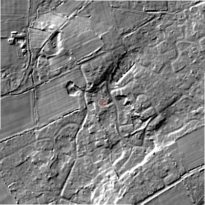 Shaded relief map of the ground around BH238ND, computed from Environment Agency LiDAR. The ground here sits at about 19 m above sea level and falls 17 m across the surrounding 800 m. Surface water reaching this point runs off ground lying to the north-east, 10.6 m higher.
