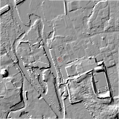 Shaded relief map of the ground around BH239ZJ, computed from Environment Agency LiDAR. The ground here sits at about 2 m above sea level and falls 12 m across the surrounding 800 m. Surface water reaching this point runs off ground lying to the east-south-east, 6.6 m higher.