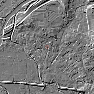 Shaded relief map of the ground around BH241AH, computed from Environment Agency LiDAR. The ground here sits at about 15 m above sea level and falls 9 m across the surrounding 800 m. Surface water reaching this point runs off ground lying to the north-north-west, 4.1 m higher.