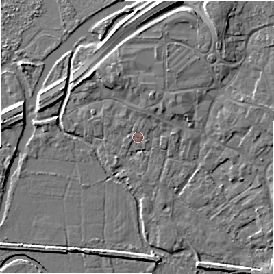 Shaded relief map of the ground around BH241AJ, computed from Environment Agency LiDAR. The ground here sits at about 15 m above sea level and falls 10 m across the surrounding 800 m. Surface water reaching this point runs off ground lying to the north, 1.7 m higher.