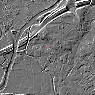 Shaded relief map of the ground around BH241AN, computed from Environment Agency LiDAR. The ground here sits at about 15 m above sea level and falls 11 m across the surrounding 800 m. Surface water reaching this point runs off ground lying to the east-north-east, 2.6 m higher.