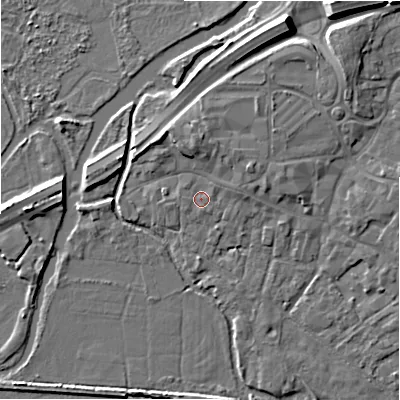 Shaded relief map of the ground around BH241AR, computed from Environment Agency LiDAR. The ground here sits at about 15 m above sea level and falls 11 m across the surrounding 800 m. Surface water reaching this point runs off ground lying to the north-east, 1.3 m higher.
