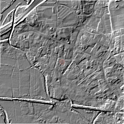 Shaded relief map of the ground around BH241BH, computed from Environment Agency LiDAR. The ground here sits at about 14 m above sea level and falls 9 m across the surrounding 800 m. Surface water reaching this point runs off ground lying to the north-north-west, 4.1 m higher.