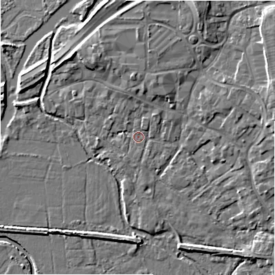 Shaded relief map of the ground around BH241BU, computed from Environment Agency LiDAR. The ground here sits at about 14 m above sea level and falls 8 m across the surrounding 800 m. Surface water reaching this point runs off ground lying to the north, 4.1 m higher.