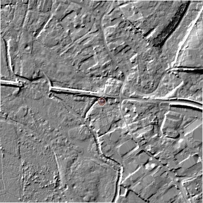 Shaded relief map of the ground around BH241DF, computed from Environment Agency LiDAR. The ground here sits at about 14 m above sea level and falls 9 m across the surrounding 800 m. Surface water reaching this point runs off ground lying to the east, 3.1 m higher.