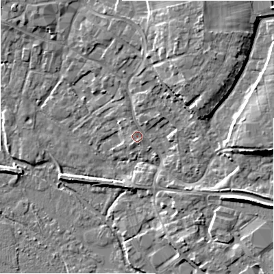 Shaded relief map of the ground around BH241DR, computed from Environment Agency LiDAR. The ground here sits at about 15 m above sea level and falls 9 m across the surrounding 800 m. Surface water reaching this point runs off ground lying to the north-north-east, 6.5 m higher.
