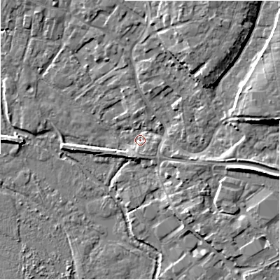 Shaded relief map of the ground around BH241DS, computed from Environment Agency LiDAR. The ground here sits at about 14 m above sea level and falls 9 m across the surrounding 800 m. Surface water reaching this point runs off ground lying to the north-north-east, 8.0 m higher.