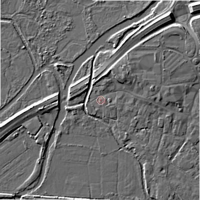 Shaded relief map of the ground around BH241DY, computed from Environment Agency LiDAR. The ground here sits at about 15 m above sea level and falls 11 m across the surrounding 800 m. Surface water reaching this point runs off ground lying to the north-east, 3.9 m higher.