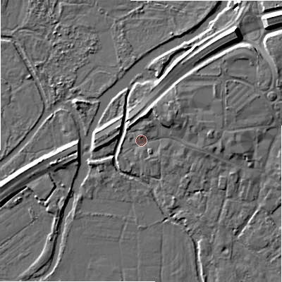 Shaded relief map of the ground around BH241DZ, computed from Environment Agency LiDAR. The ground here sits at about 15 m above sea level and falls 11 m across the surrounding 800 m. Surface water reaching this point runs off ground lying to the north-east, 3.9 m higher.