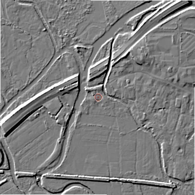 Shaded relief map of the ground around BH241EA, computed from Environment Agency LiDAR. The ground here sits at about 15 m above sea level and falls 10 m across the surrounding 800 m. Surface water reaching this point runs off ground lying to the north-west, 1.3 m higher.