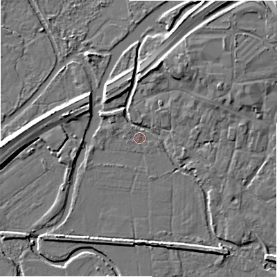 Shaded relief map of the ground around BH241EB, computed from Environment Agency LiDAR. The ground here sits at about 14 m above sea level and falls 8 m across the surrounding 800 m. Surface water reaching this point runs off ground lying to the west-north-west, 0.6 m higher.